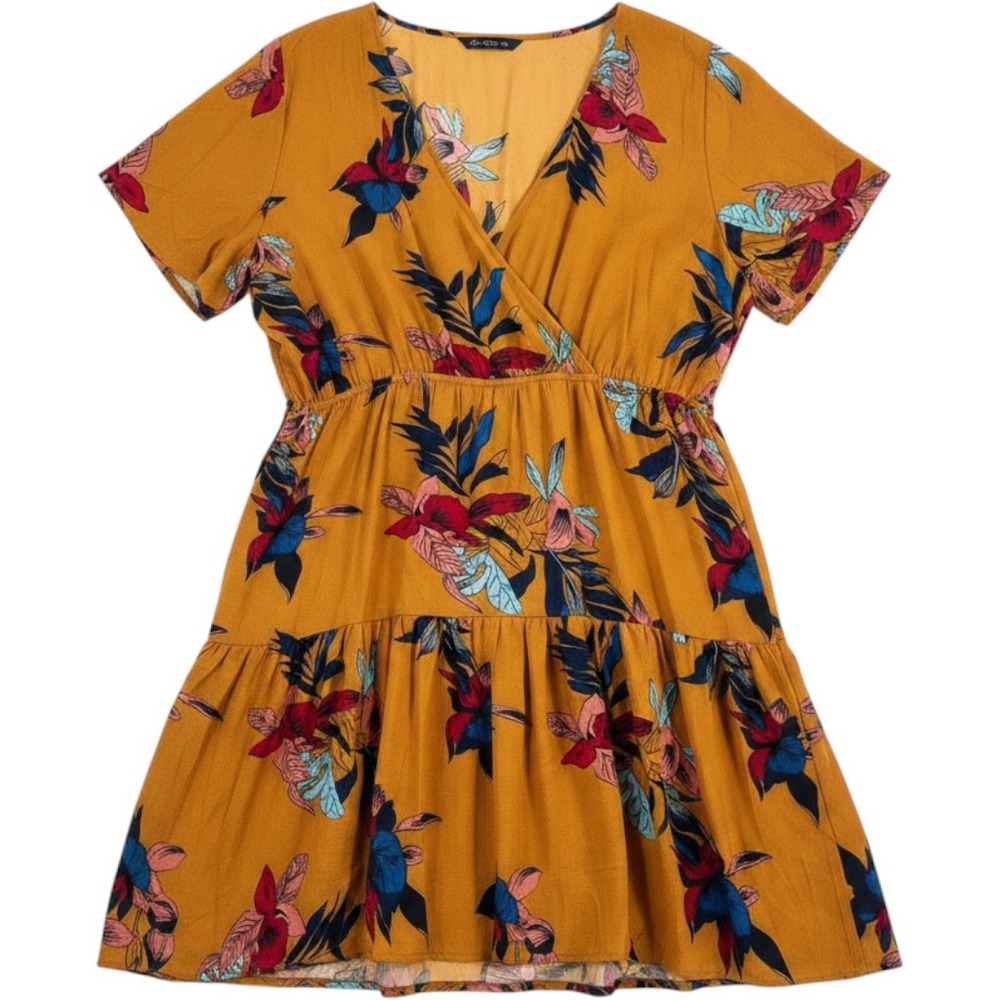 SHEIN Curve Floral Surplice Neck Tiered Dress Mustard Yellow 4XL